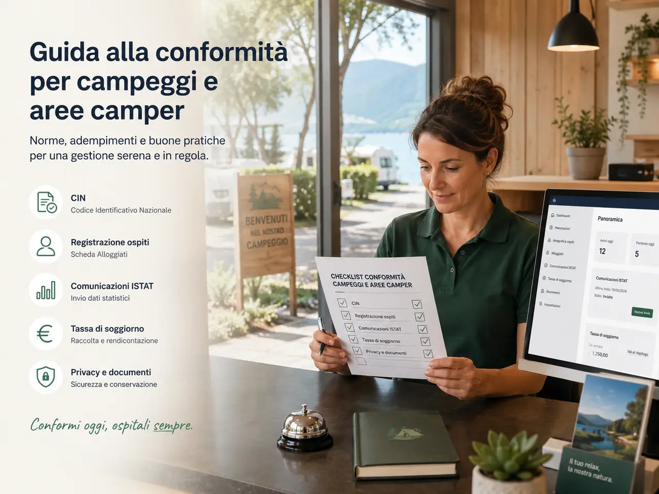 Reception campeggio con checklist per adempimenti e conformità