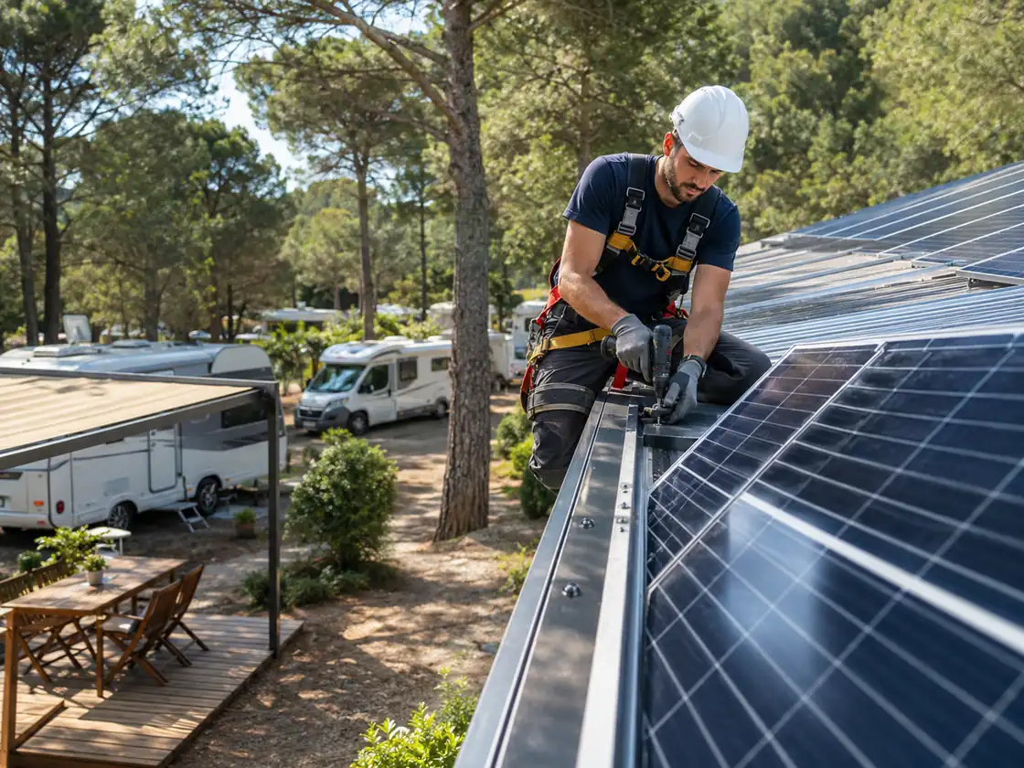 Componenti e coperture di un impianto fotovoltaico per campeggio