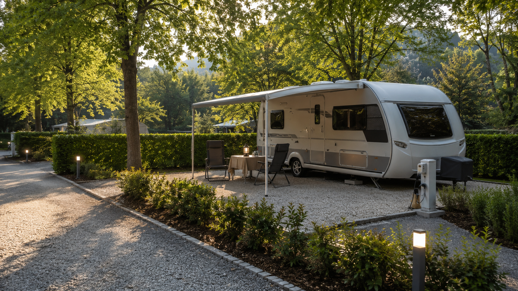 Piazzola camper ben organizzata con fondo drenante, siepi, ombra e allaccio elettrico