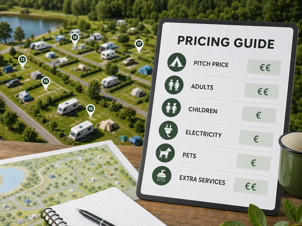Listino prezzi per piazzole, elettricità, animali e servizi extra